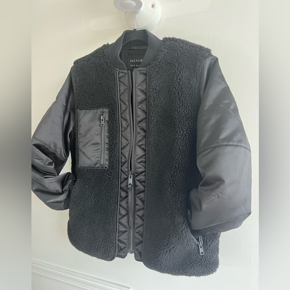 All Saints black bomber jacket with fleece - Picture 2 of 4